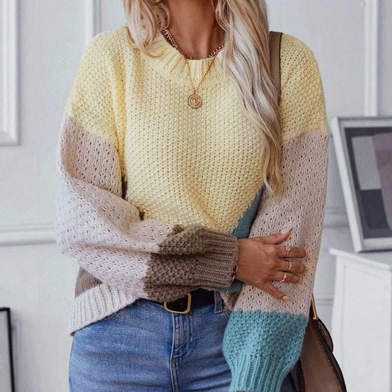 Wanita Crewneck Pullover Warna Blok Sweater