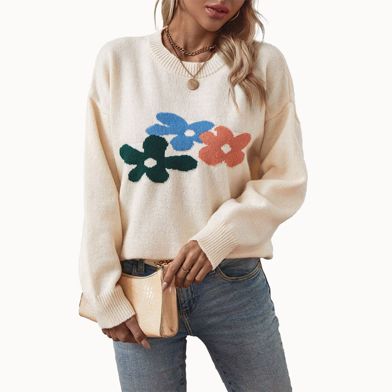 Wanita bunga jacquard pullover sweater bersatu