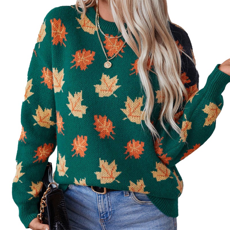 Wanita Maple Tree meninggalkan sweater leher bulat