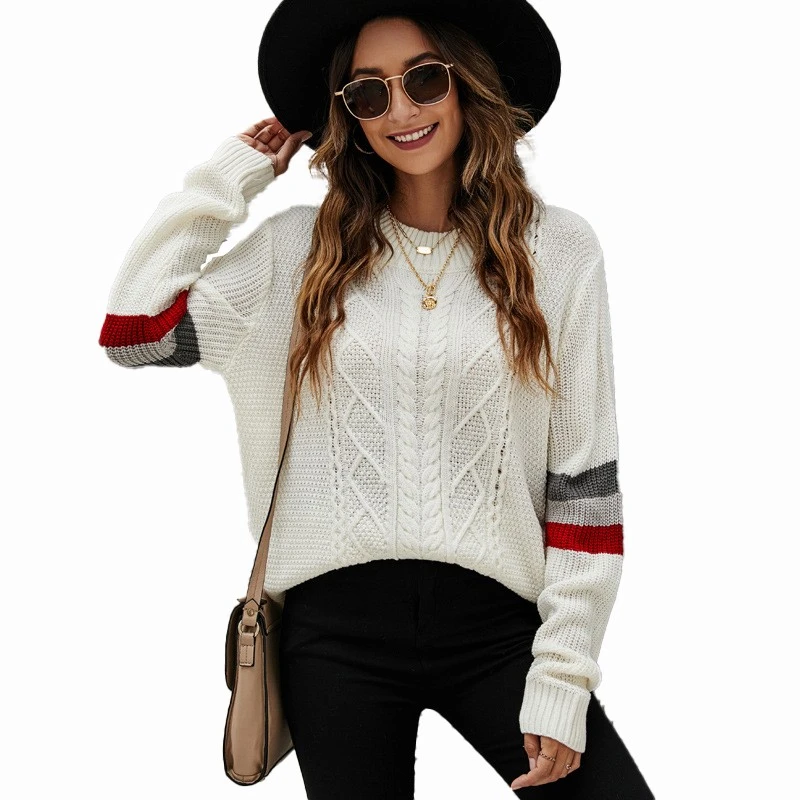 Sweater lengan berjalur rajutan wanita